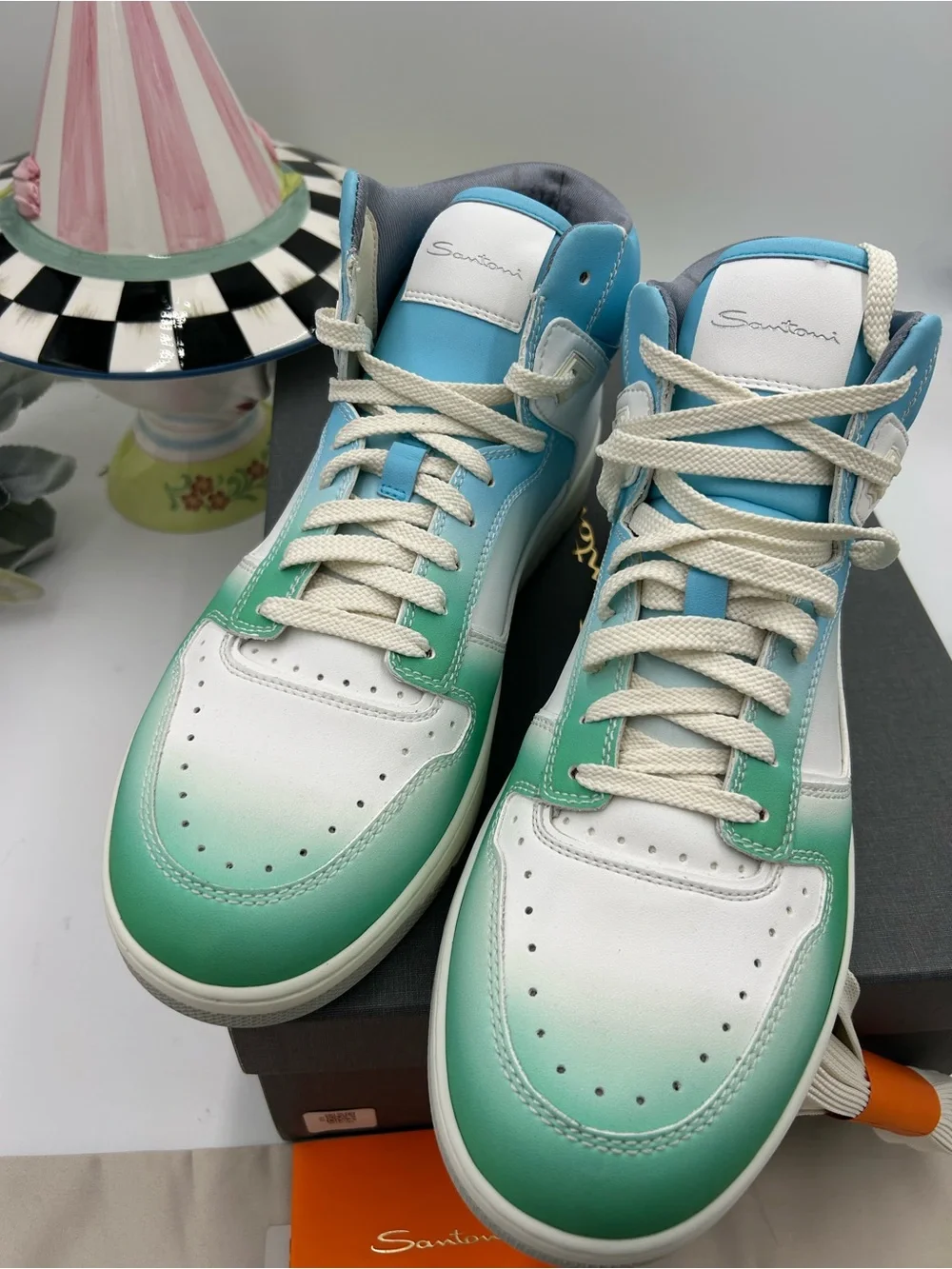 Men's Santoni Men's High-Top Sneakers in Green, Blue & White size 11 made Italy - Picture 4 of 9